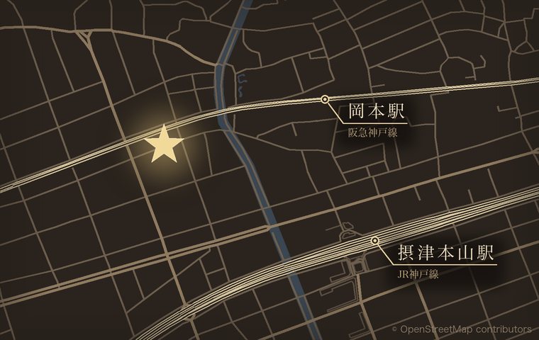 岡本院の地図（星印が店舗。岡本駅・摂津本山駅も表示）